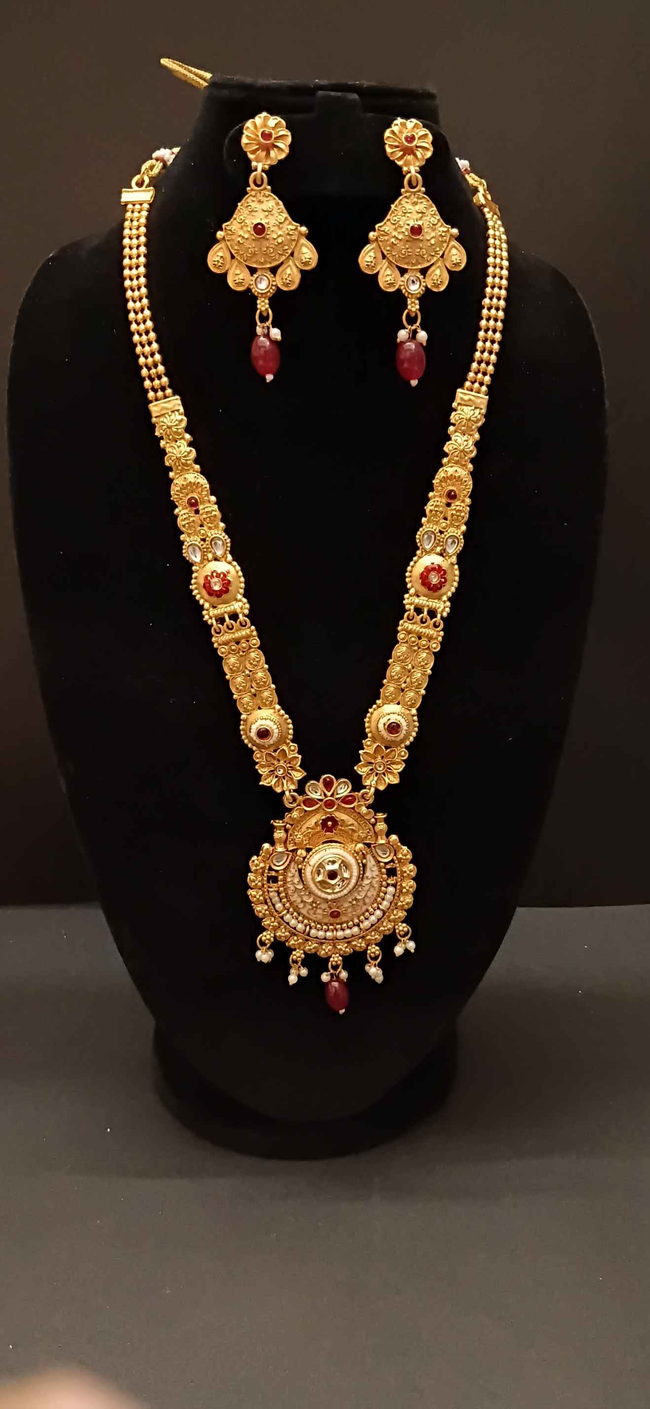 Antique Long Haram Necklace Set with Ruby Accents
