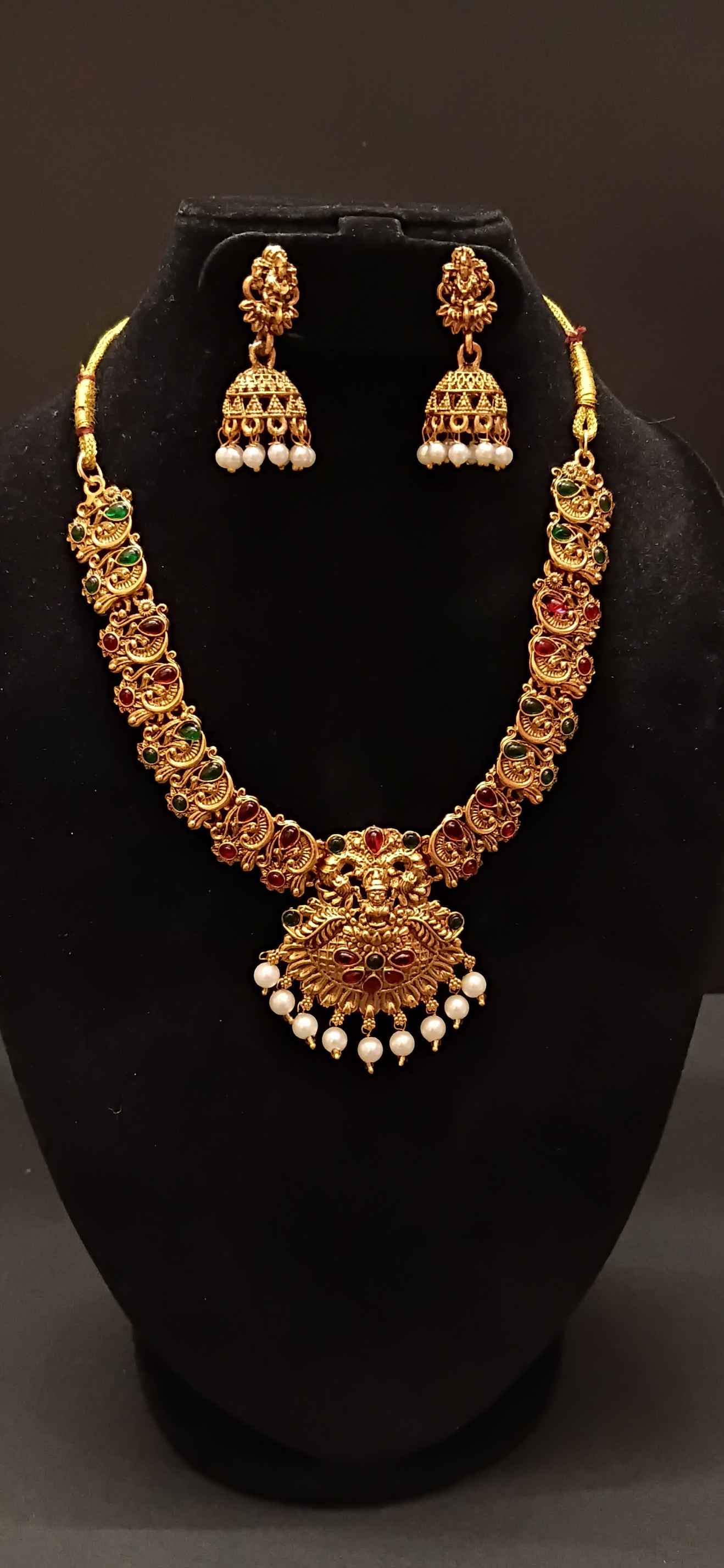Antique Lakshmi Matte Finish Necklace Set with Jhumkas