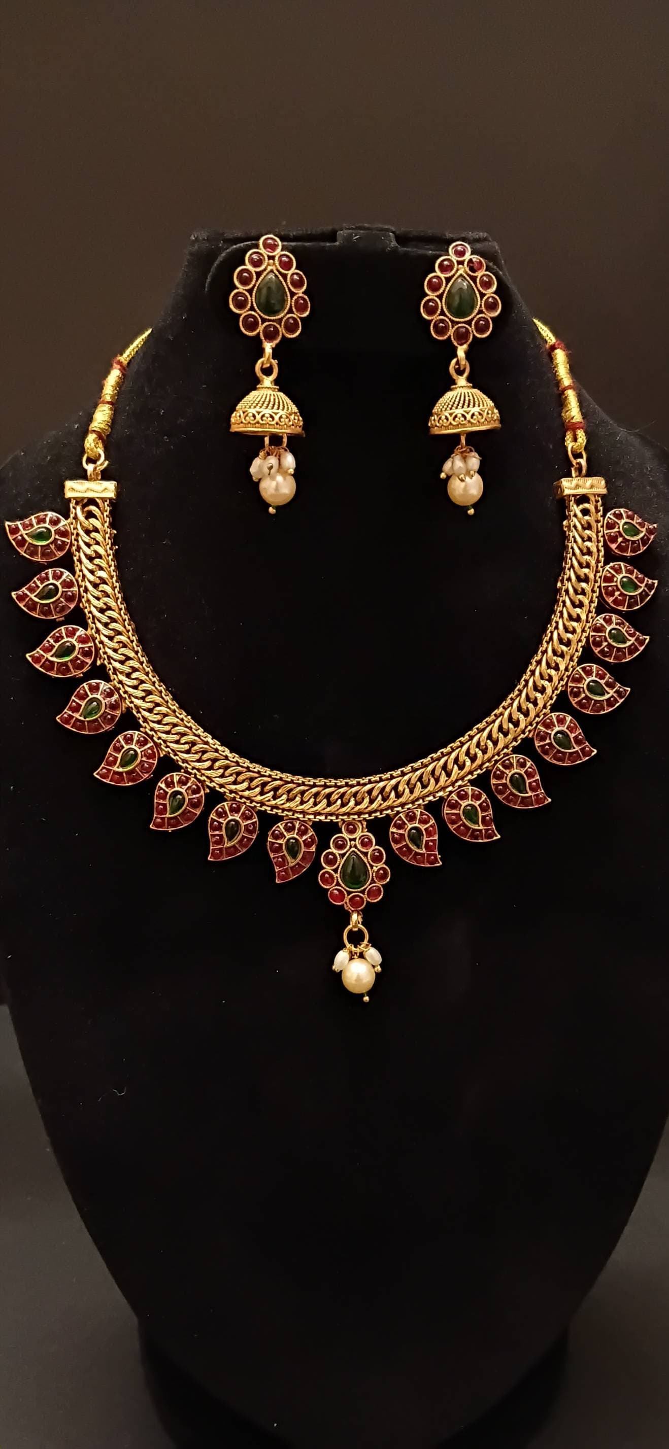 Kemp Stone Mango Antique Necklace Set with Jhumkas