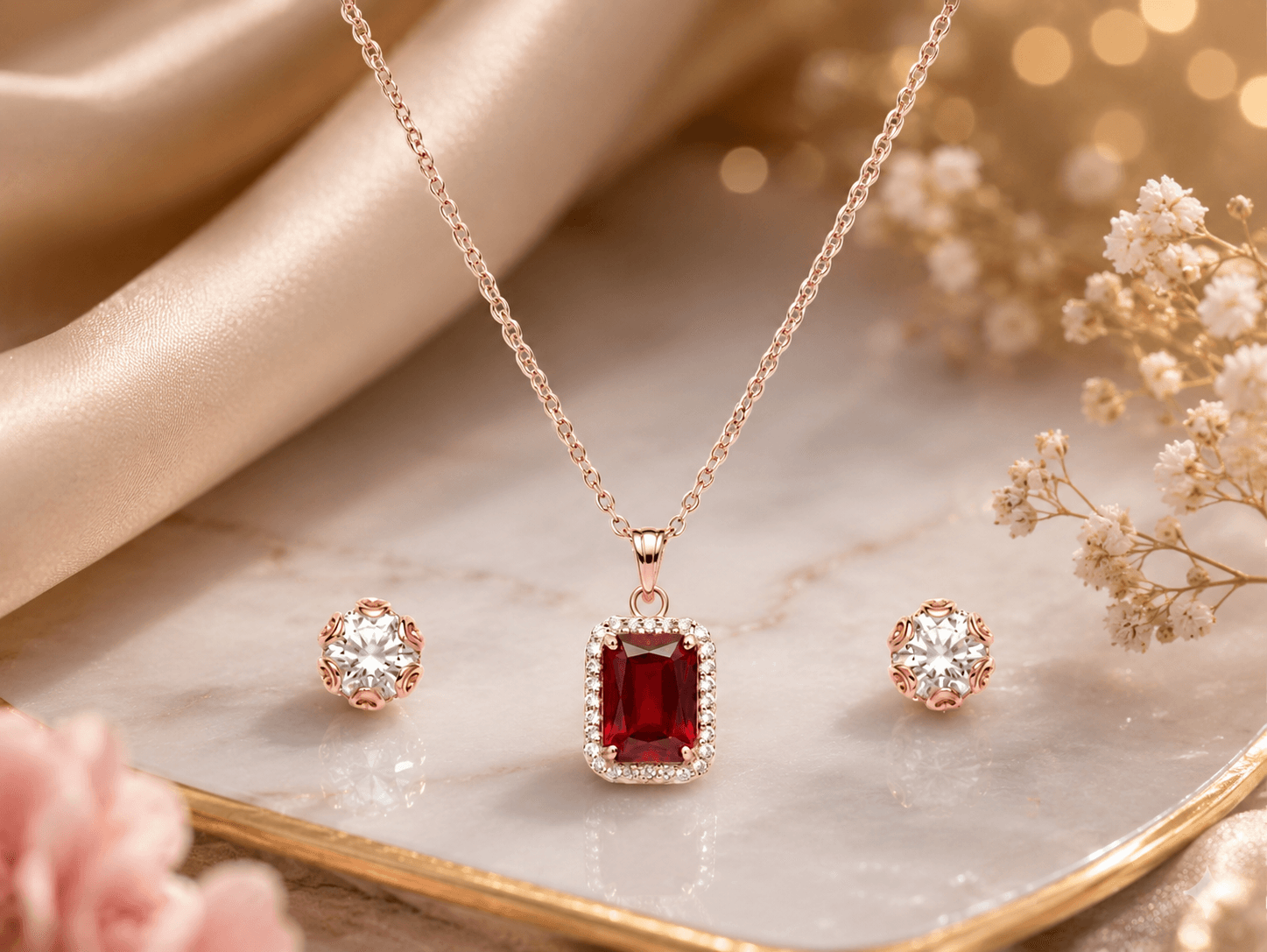 Rose Gold Halo Pendant & Stud Earrings Set