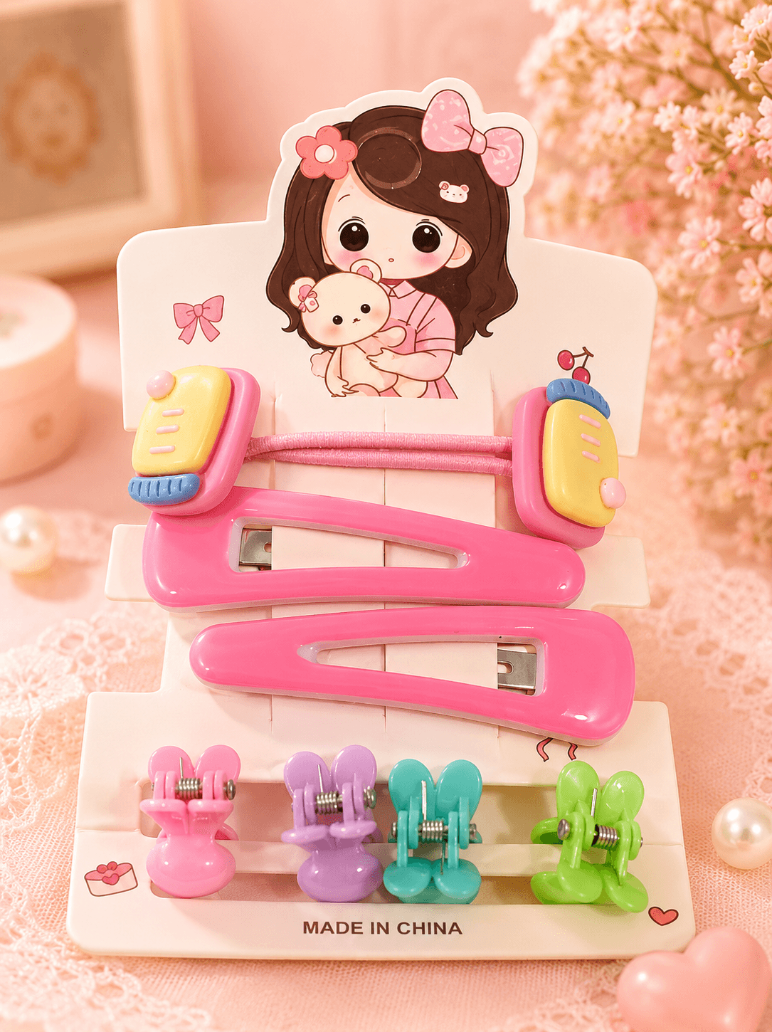 Kids Cute Hair Clips & Rubber Band Set