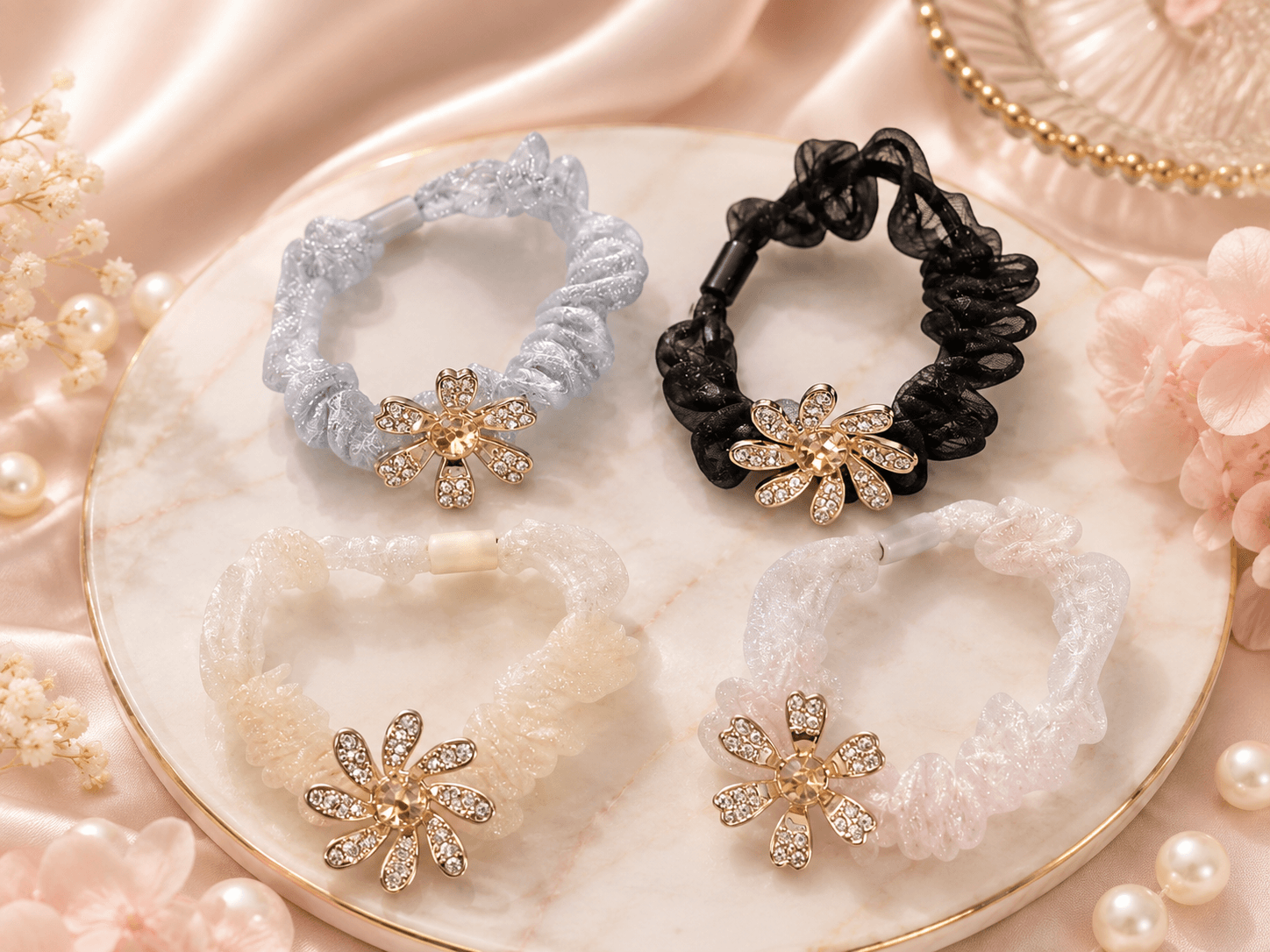 Crystal Flower Organza Scrunchie Hair Ties