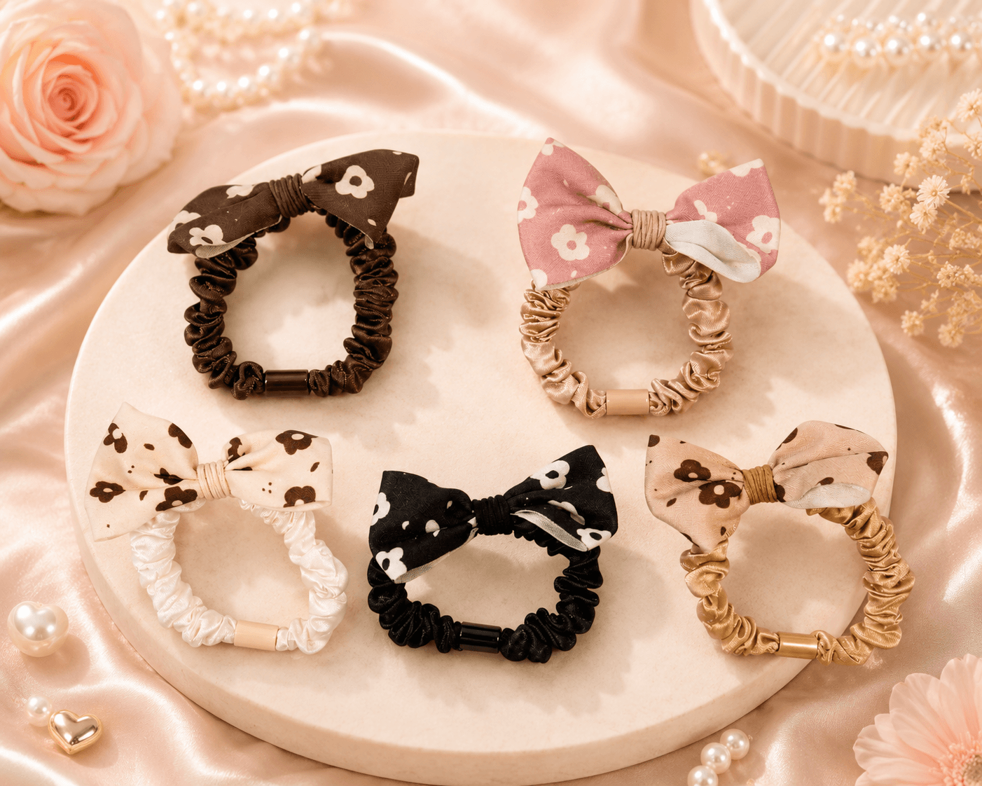 Floral Bow Satin Scrunchies