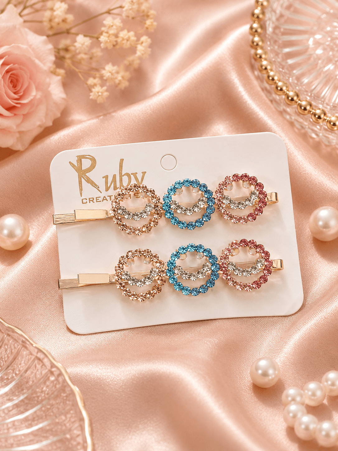 Crystal Smiley Face Gold Bobby Pins Pack