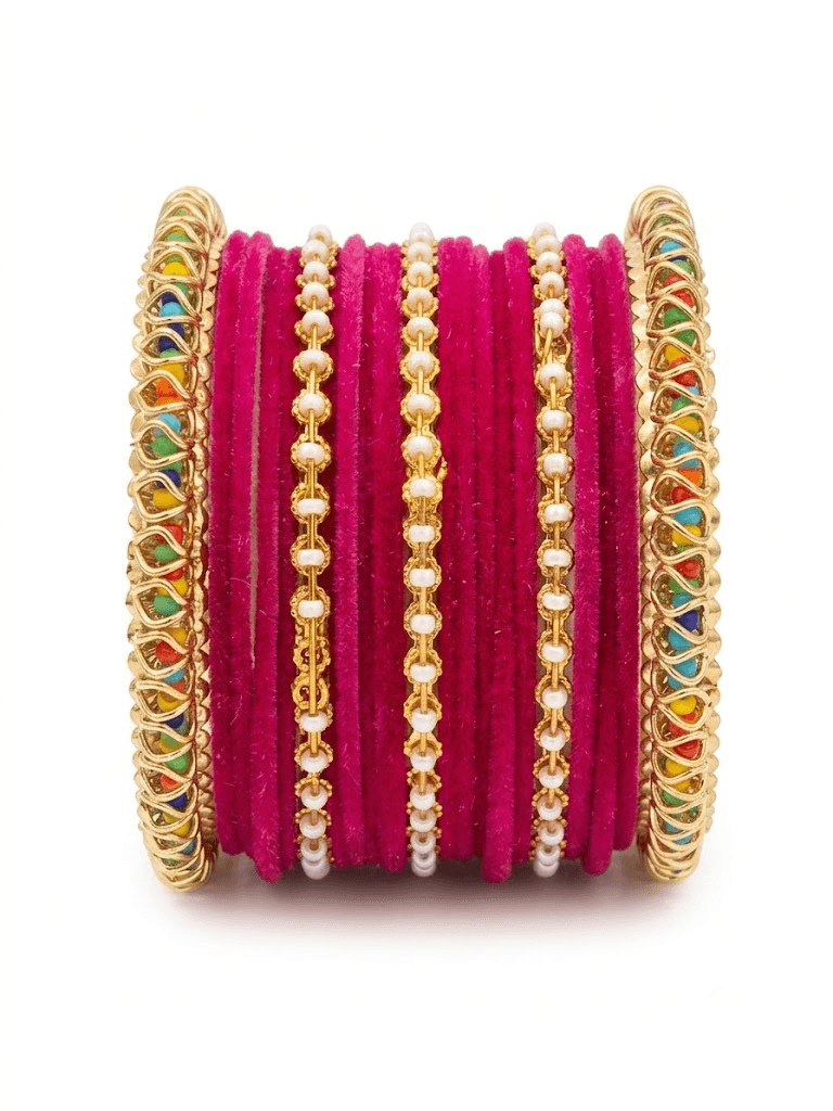 Pink Velvet Pearl Chura Bangle Set