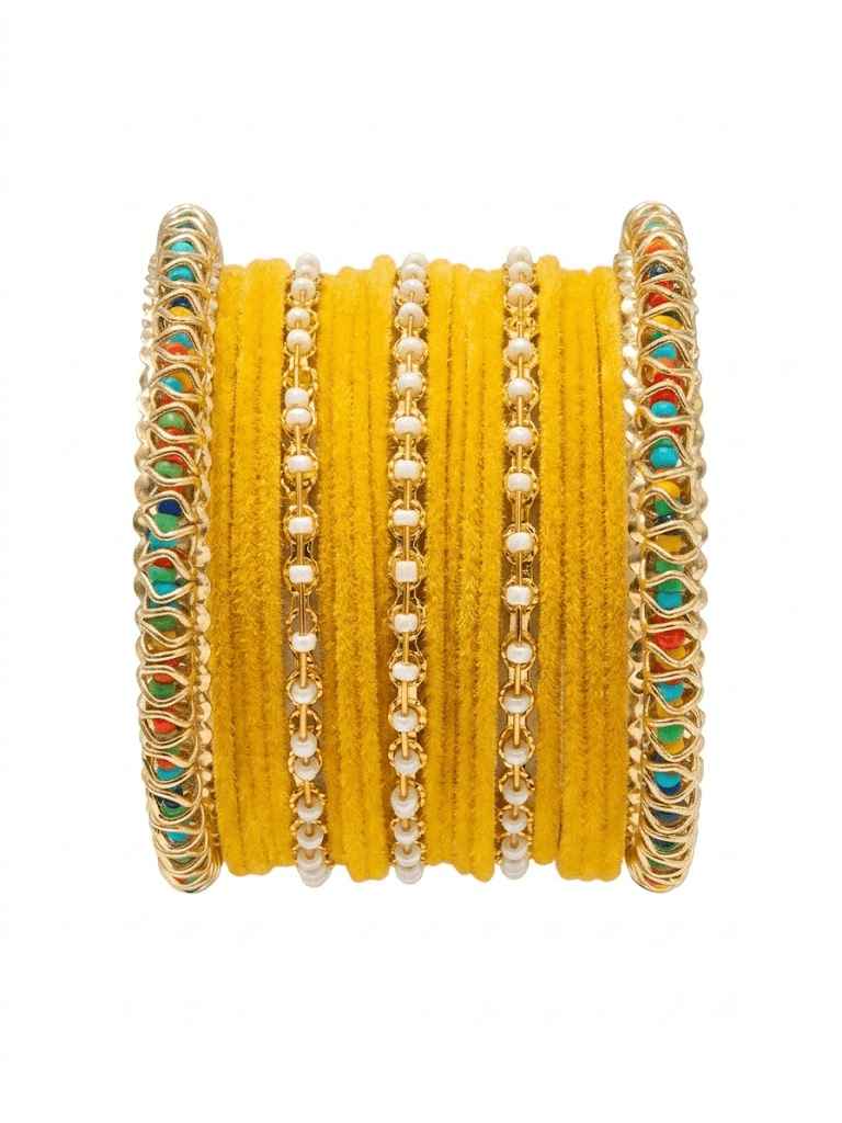 Yellow Velvet Pearl Chura Bangle Set