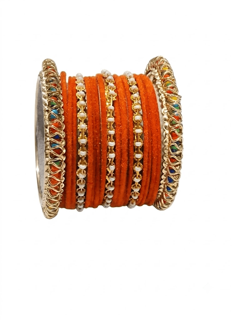 Orange Velvet Pearl Chura Bangle Set