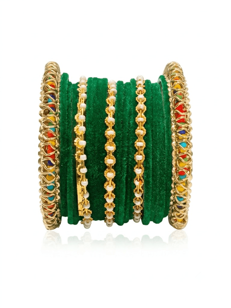 Green Velvet Pearl Chura Bangle Set