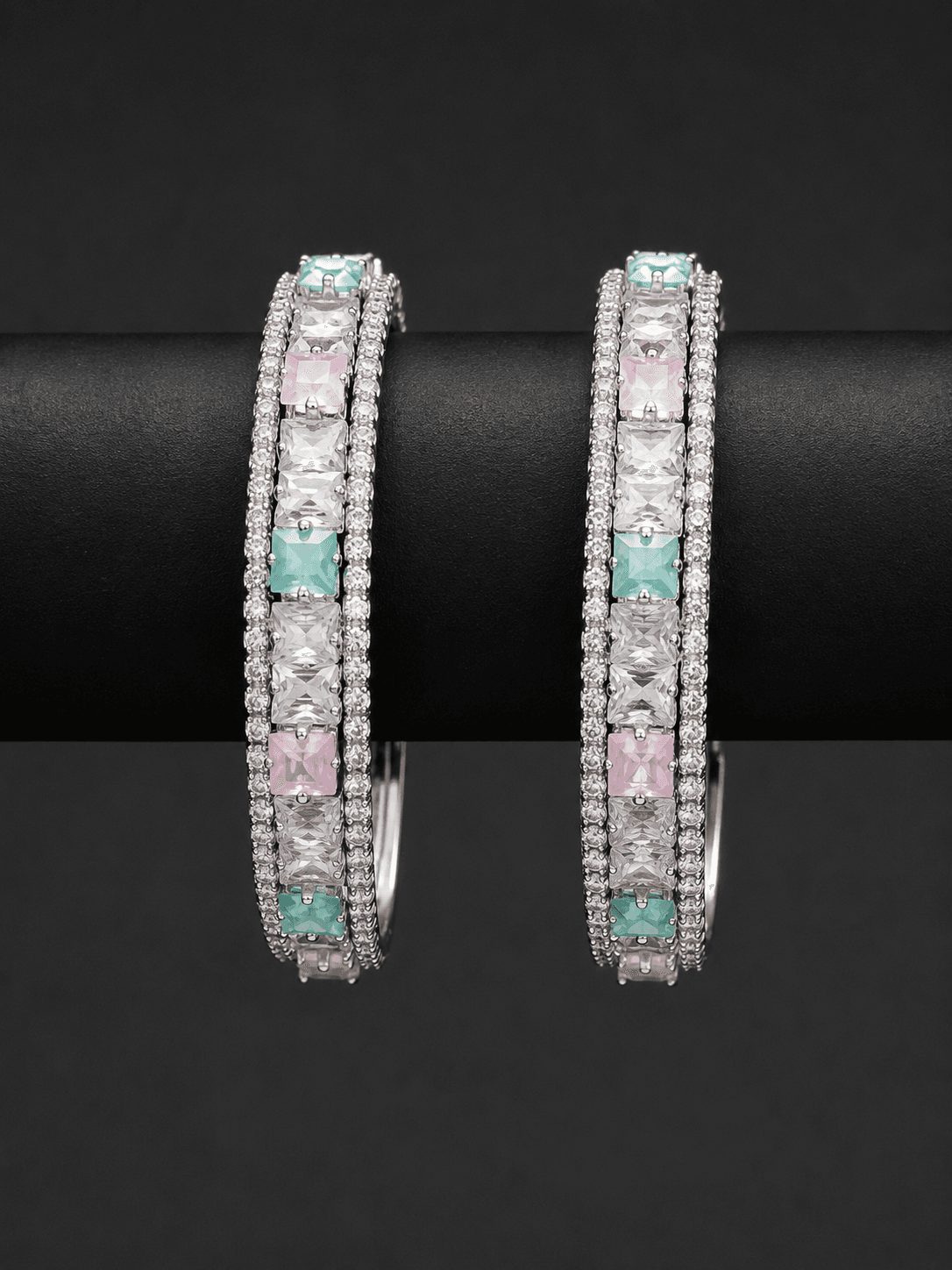 Silver Plated Square Stone Kada Bangle Set