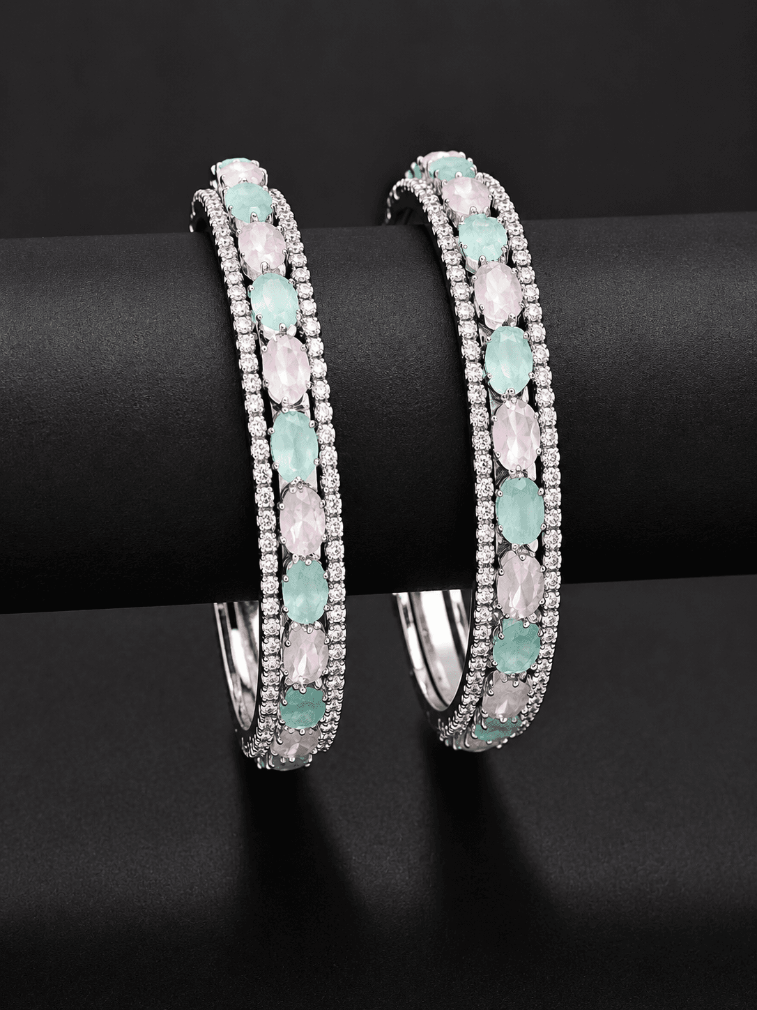 Silver Plated Mixed Stone Kada Bangle Set