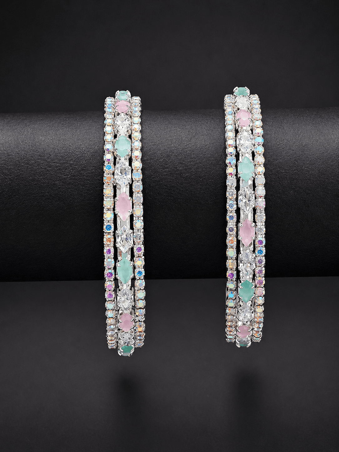 Silver Plated Mixed Stone Kada Bangle Set