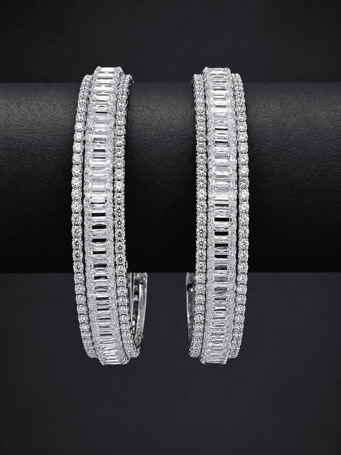 Silver Plated Baguette Stone Kada Bangle Set
