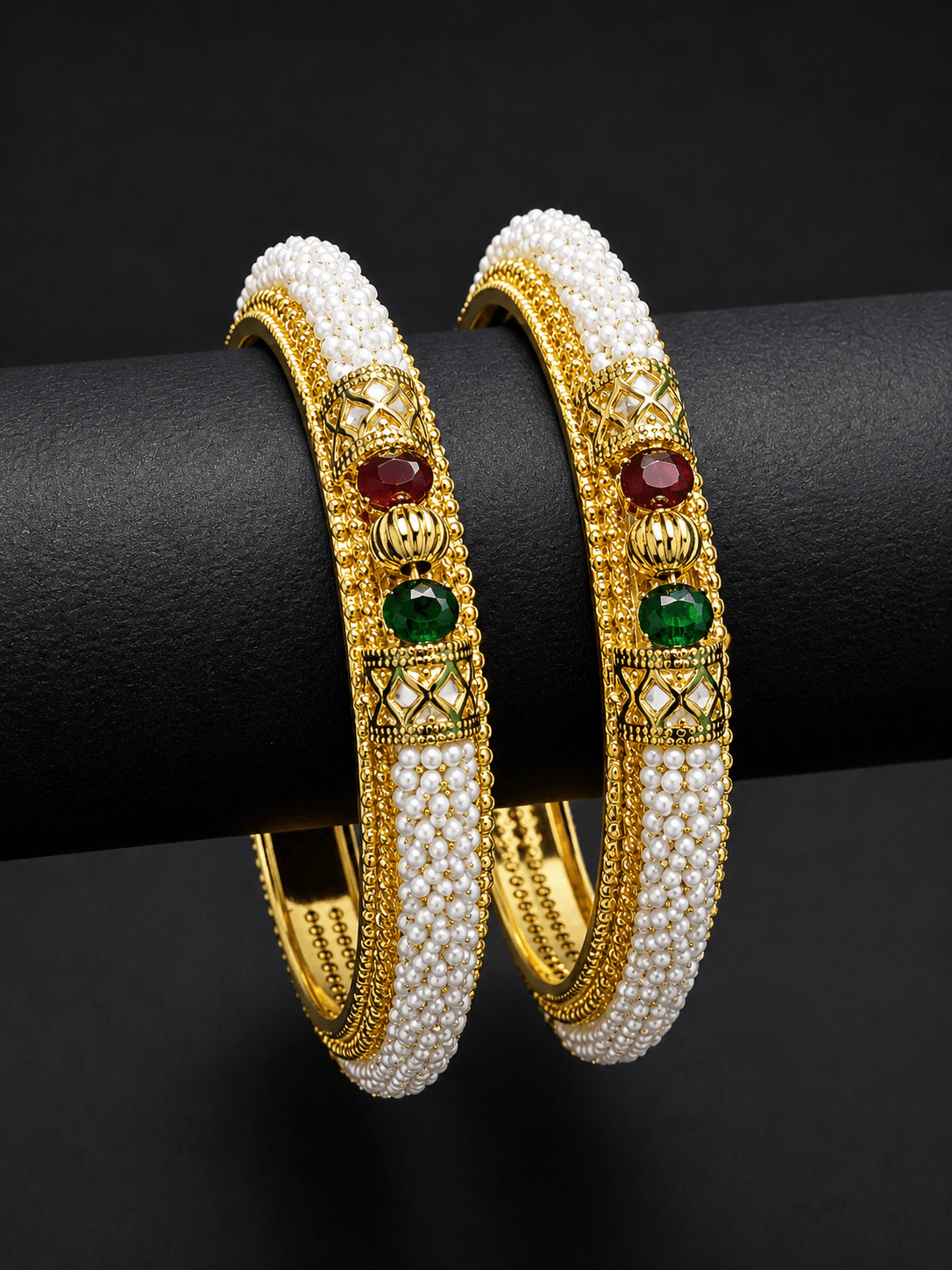 Gold Plated Pearl Kada Bangle Set