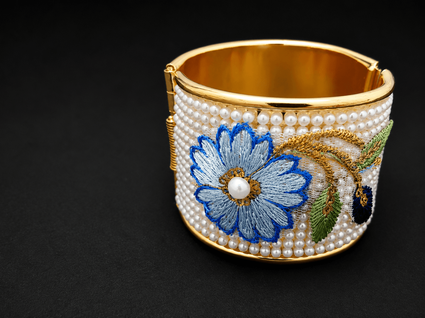 Plated Pearl Embroidered Flower Cuff