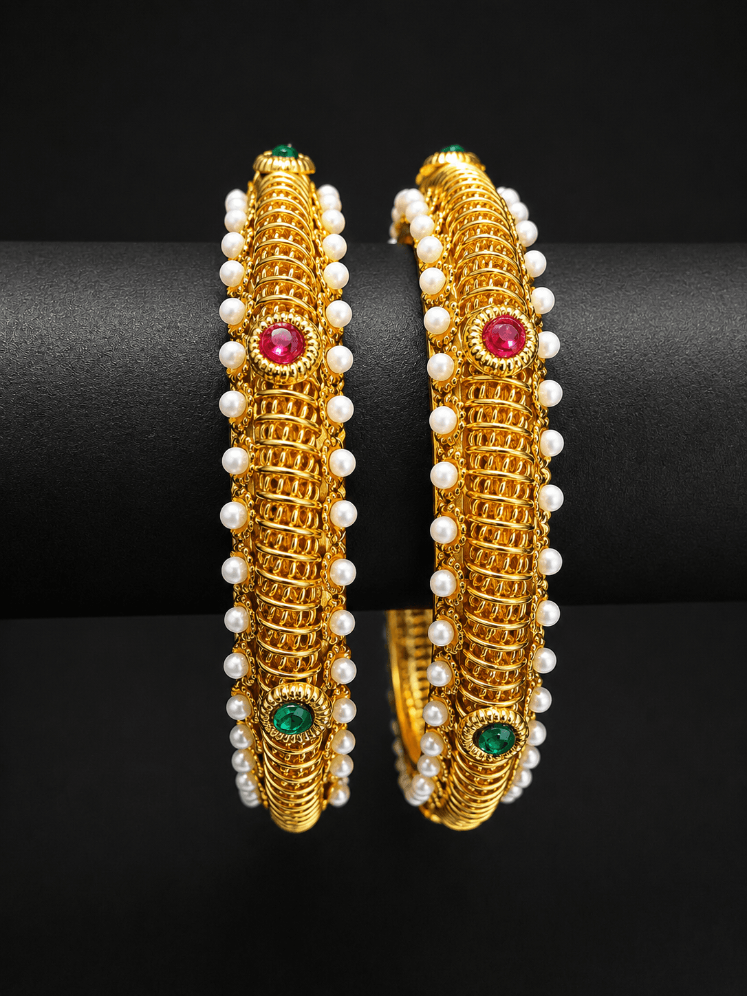 Gold Plated Antique Pearl Kada Bangle Set