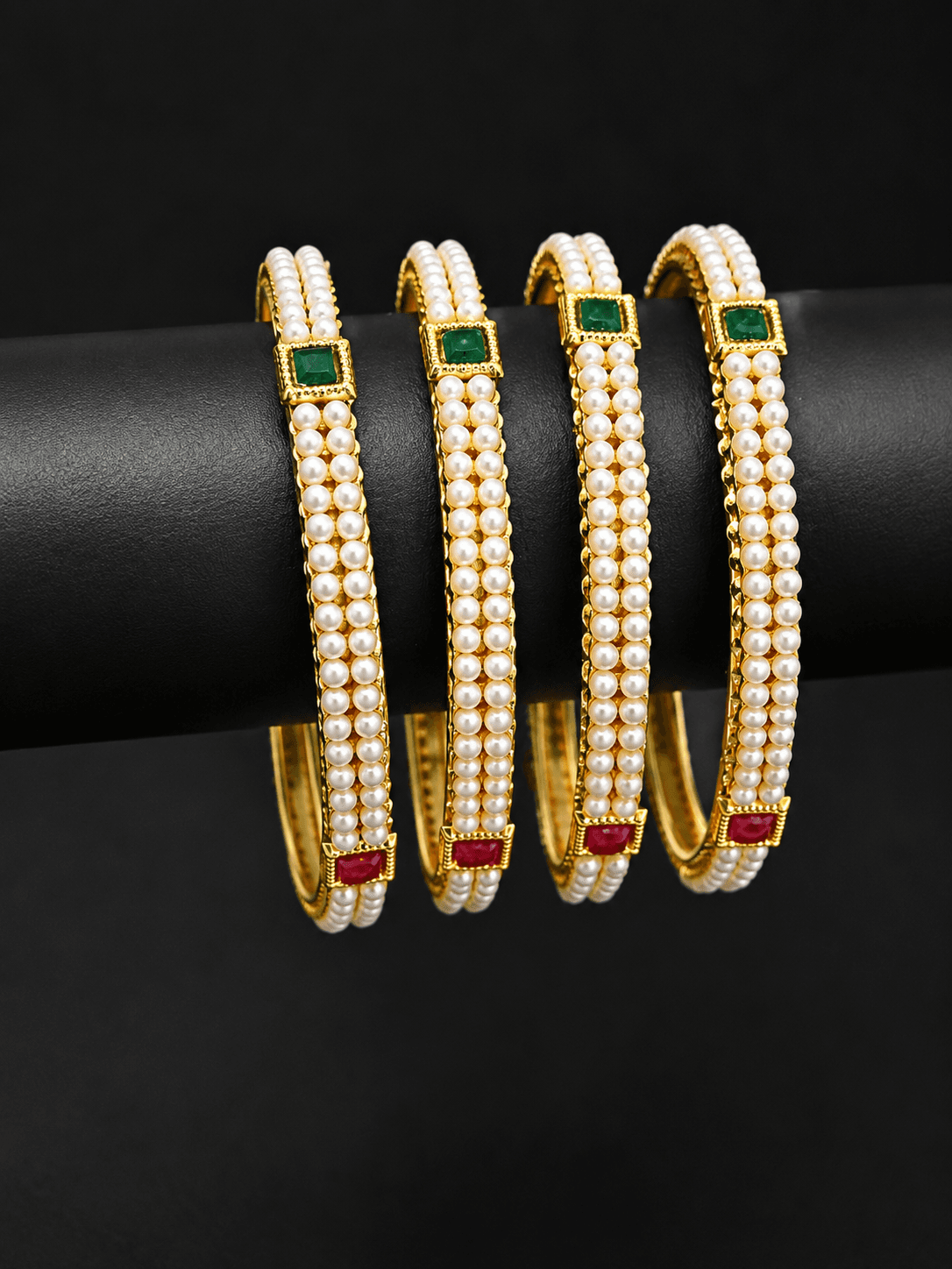 Gold Plated Double Row Pearl Bangle Set