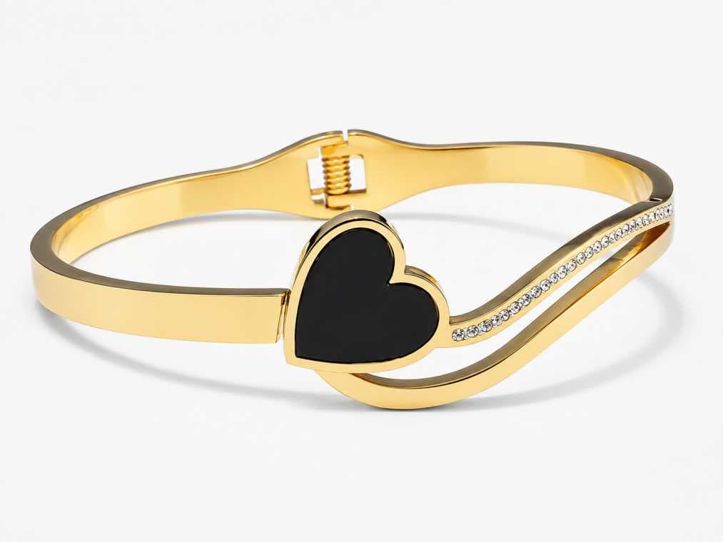Elegant Black Heart Gold Kada Bracelet