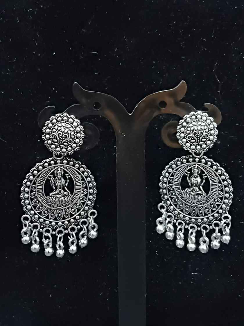 Oxidized Silver Laxmi Motif Chandbali Earrings