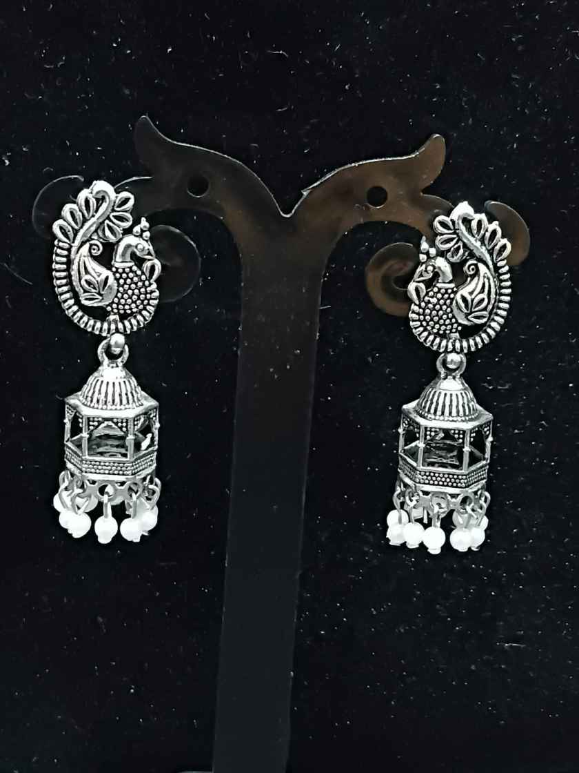 Oxidized Silver Peacock Top Jhumka Earrings