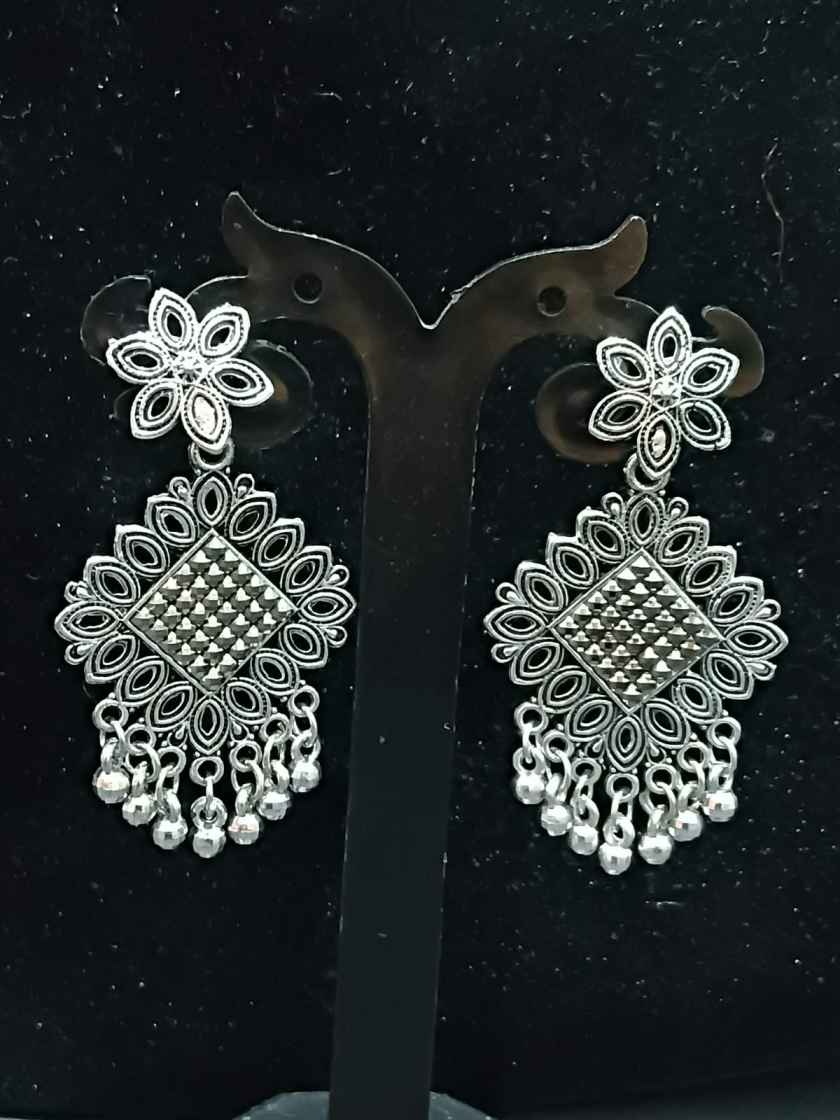 Oxidized Silver Geometric Floral Jhumka Earrings