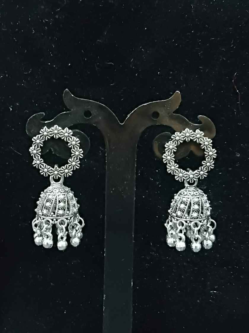 Oxidized Silver Floral Wreath Jhumka Combo