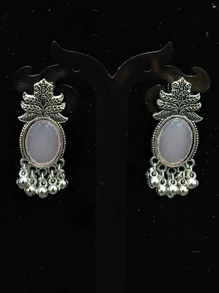 Oxidized Silver Oval Stone Ghungroo Earrings