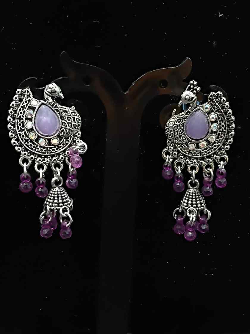 Oxidized Silver Purple Stone Peacock Jhumka