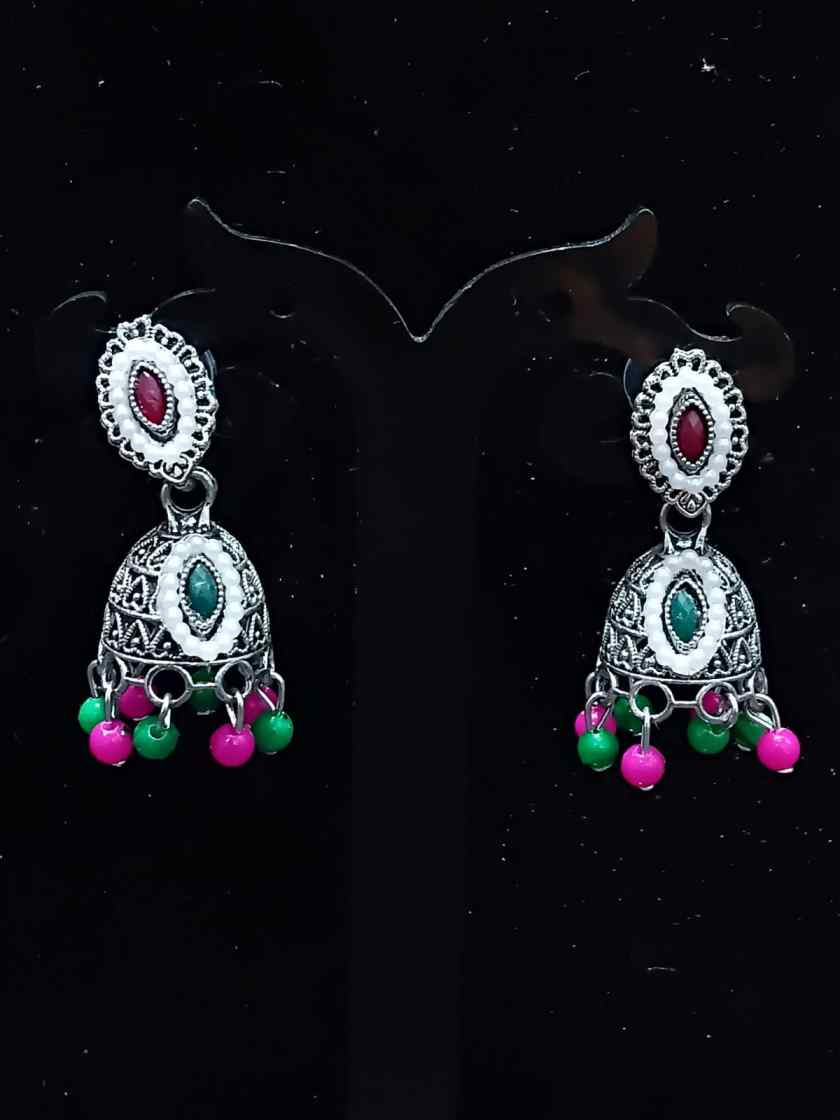 Oxidized Silver Multi Color Stone Jhumka