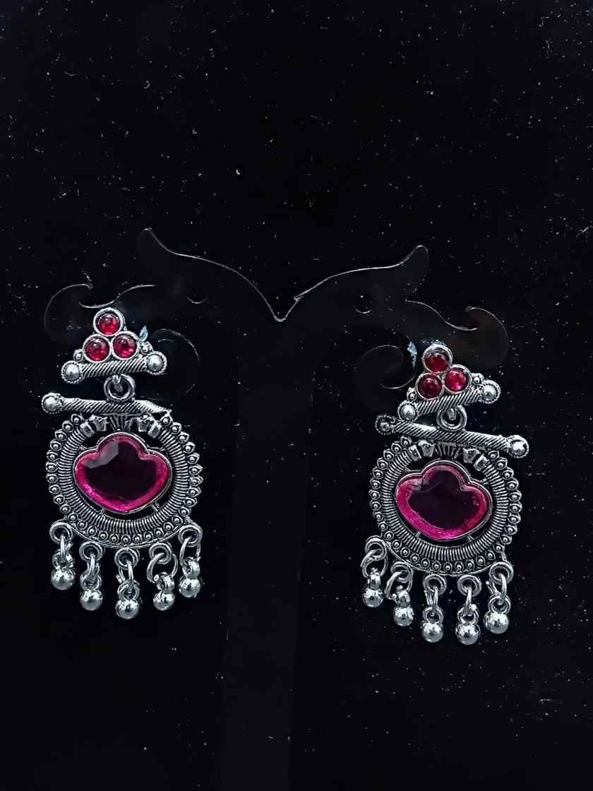 Oxidized Silver Geometric Cloud Stone Jhumka
