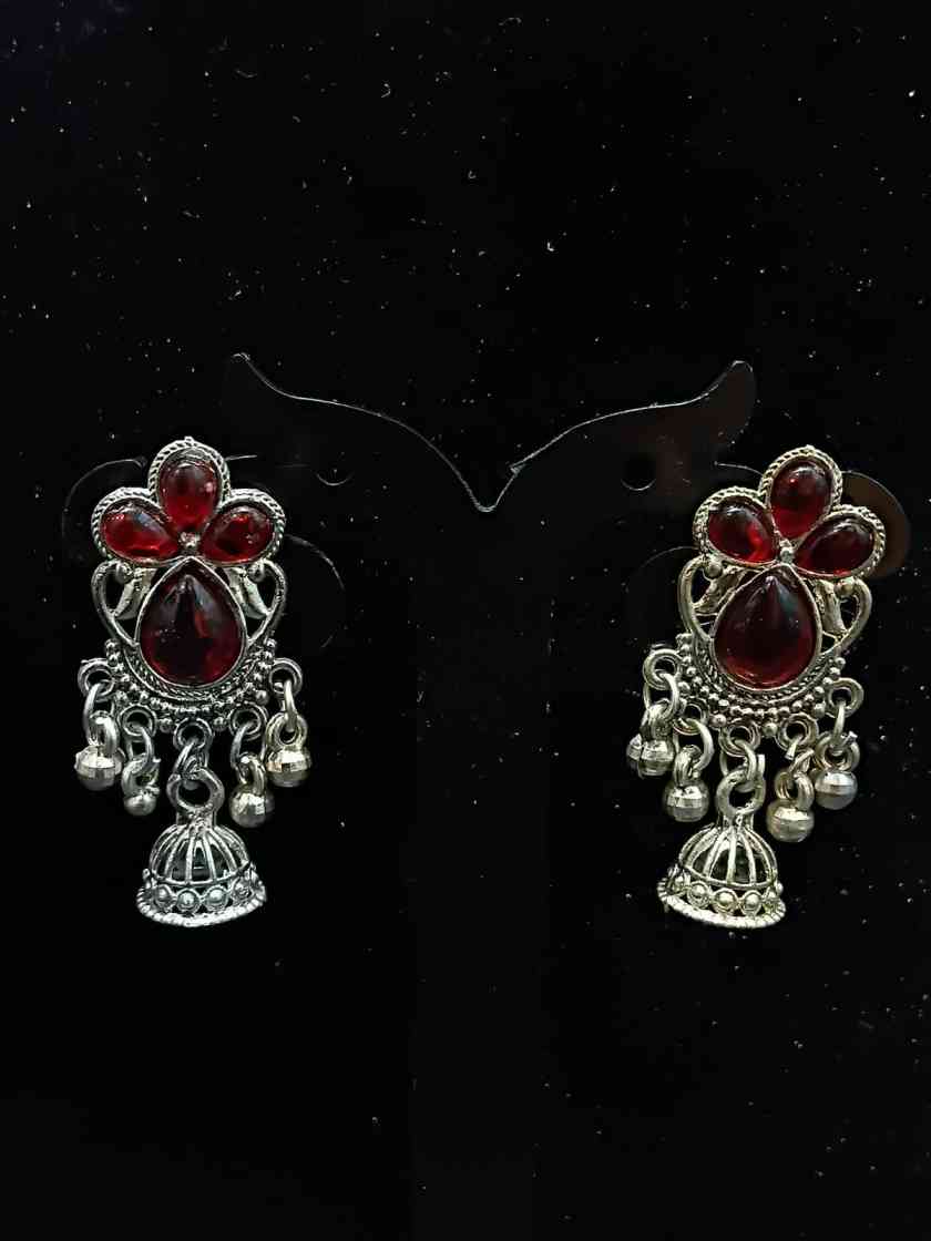 Oxidized Silver Three Stone Clover Jhumka Set