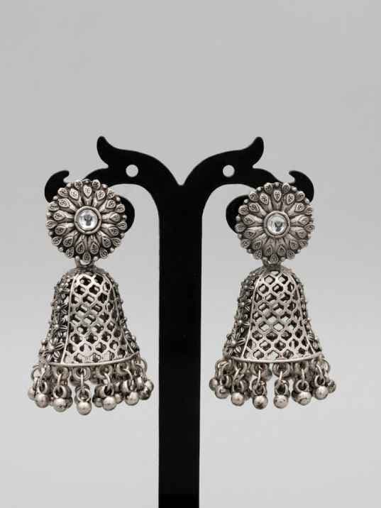 Oxidized Silver Net Filigree Jhumka Earrings
