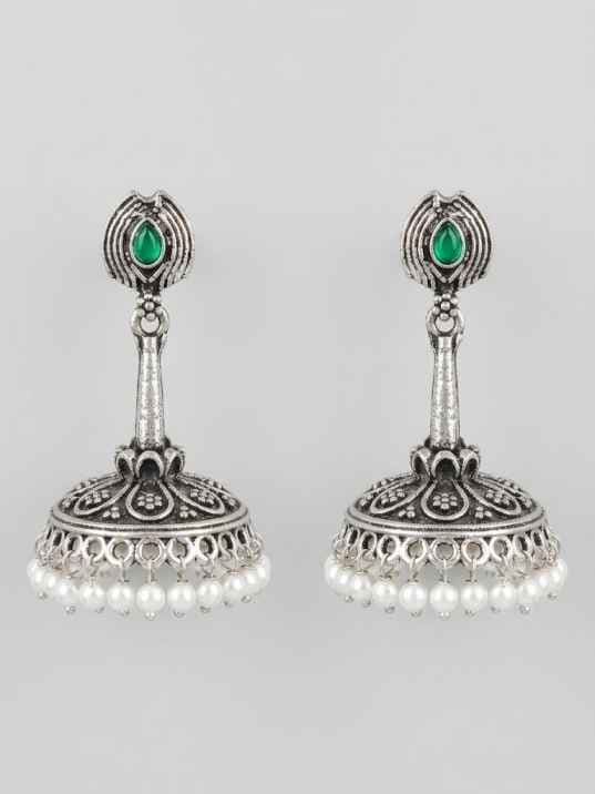 Oxidized Silver Green Stone Pearl Jhumka
