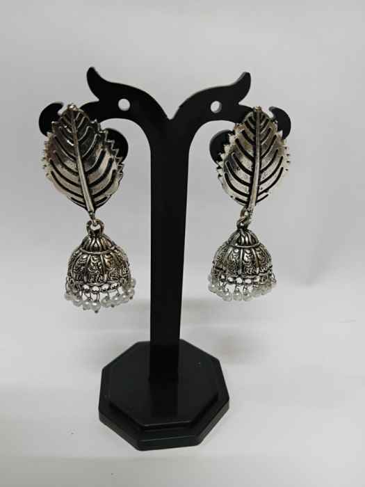 Oxidized Silver Leaf Stud Jhumka Earrings