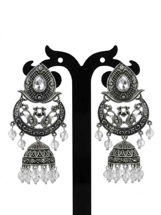 Oxidized Silver Twin Peacock Chandbali Jhumka