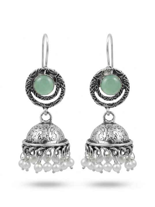 Oxidized Silver Green Stone Pearl Jhumka