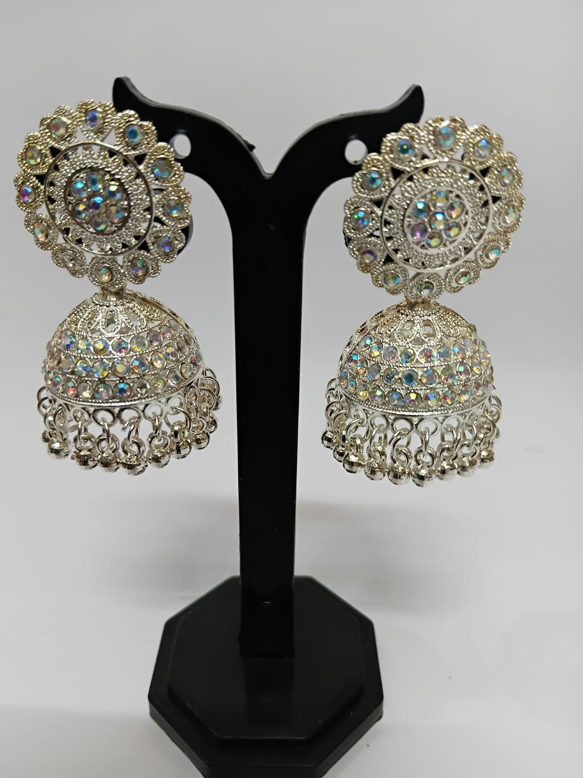 Silver Plated Iridescent Crystal Jhumka Earrings