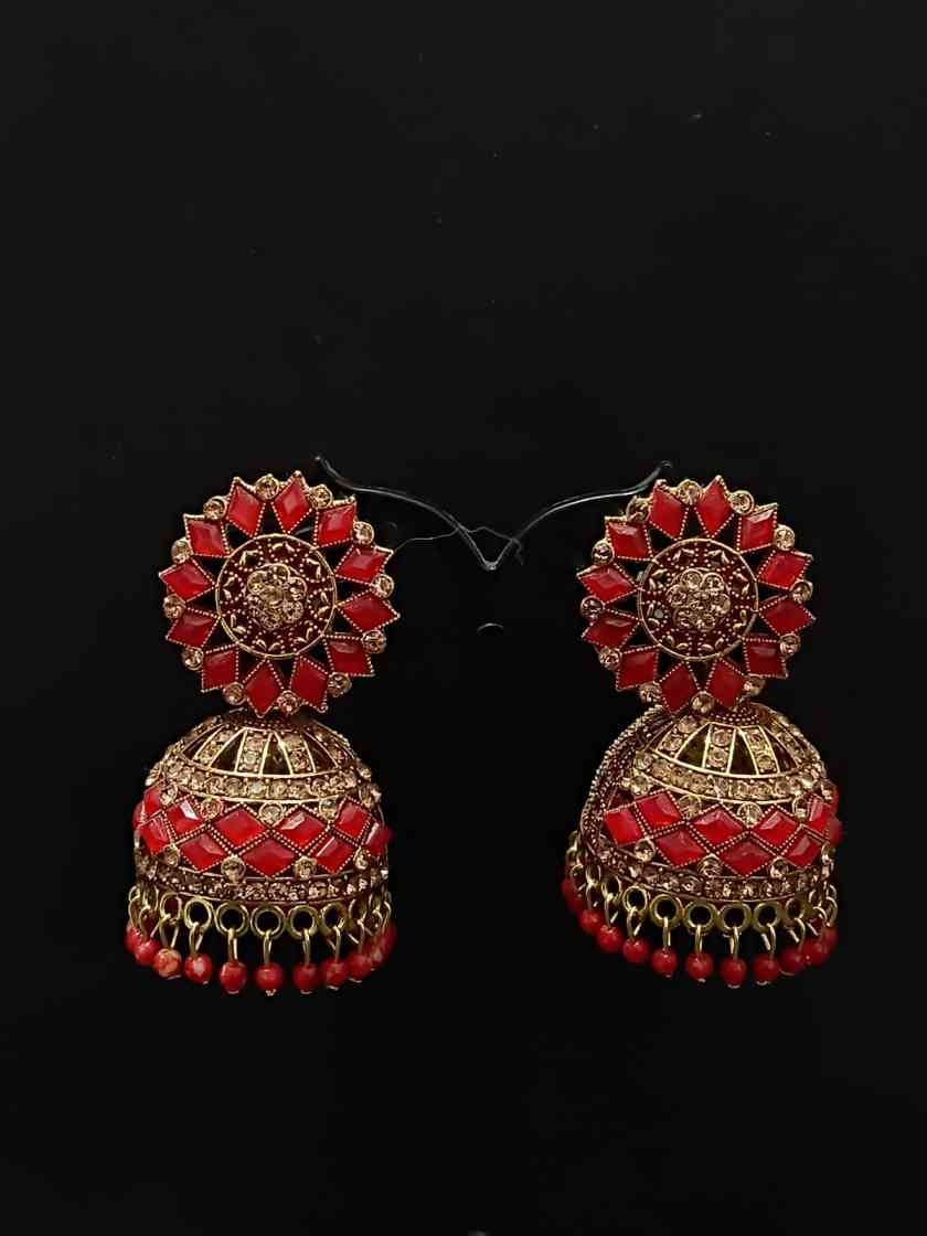 Gold Plated Antique Floral Crystal Jhumka