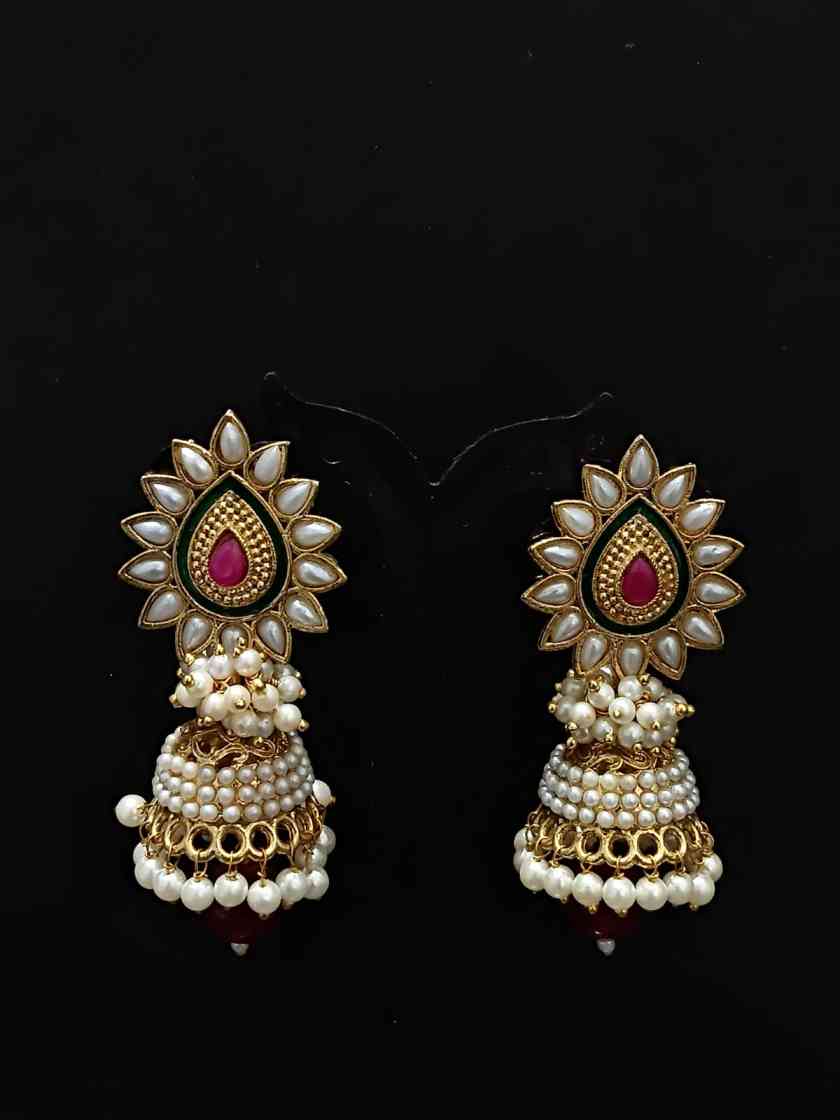 Gold Plated Ruby Stone Pearl Jhumka Earrings
