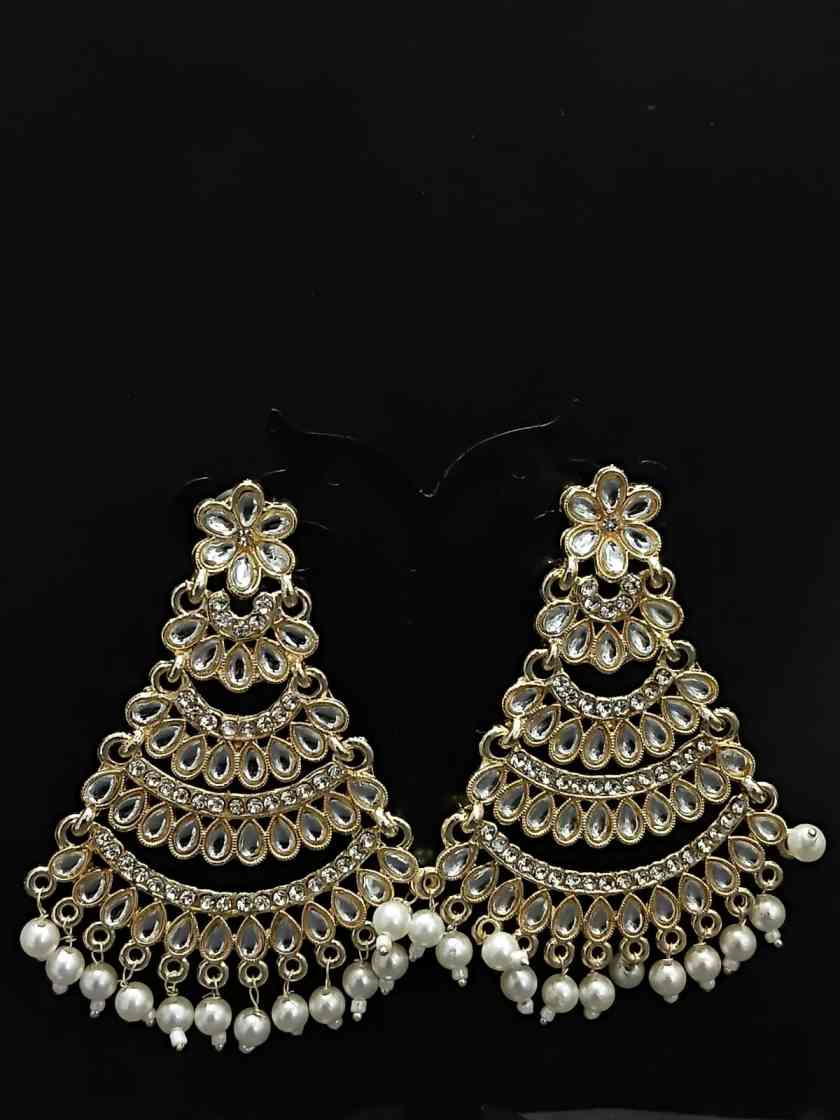 Gold Plated Tiered Kundan Pearl Chandelier