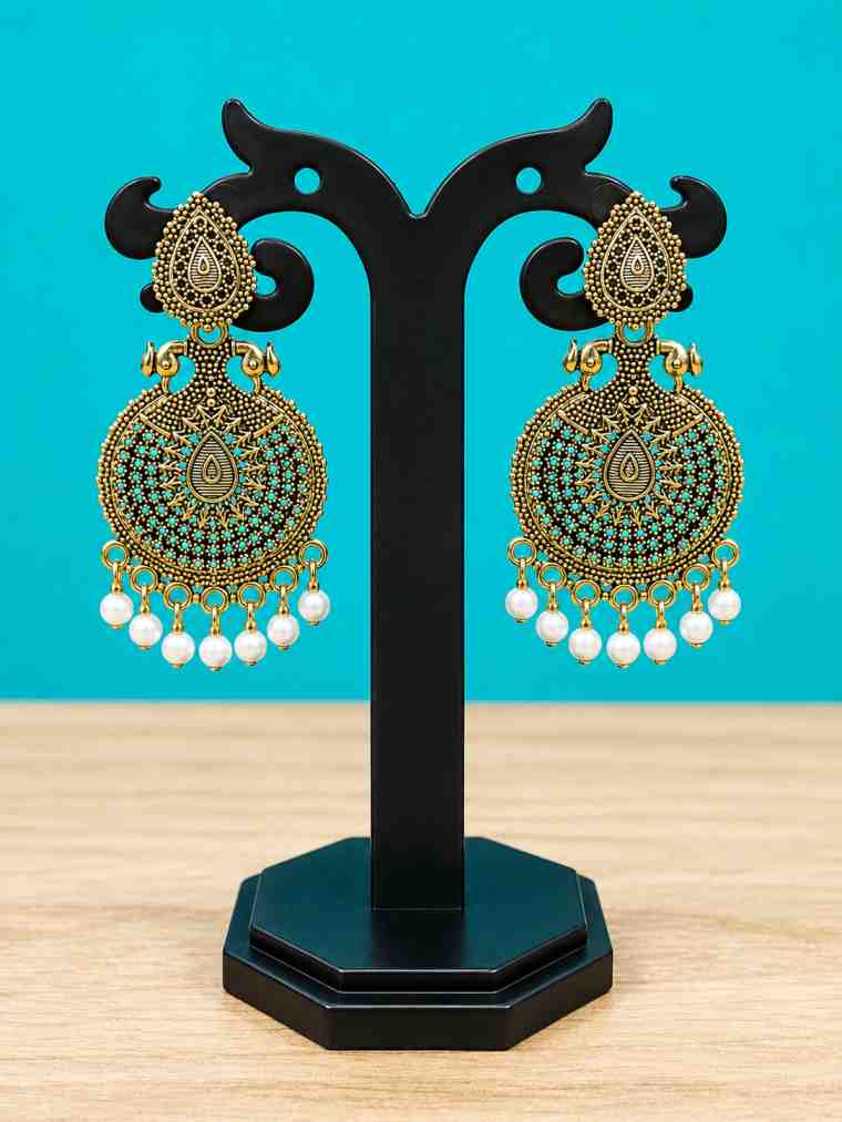 Antique Gold Textured Chandbali Bead Earrings
