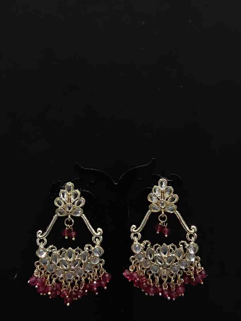 Gold Plated Kundan Pink Bead Chandelier Earrings
