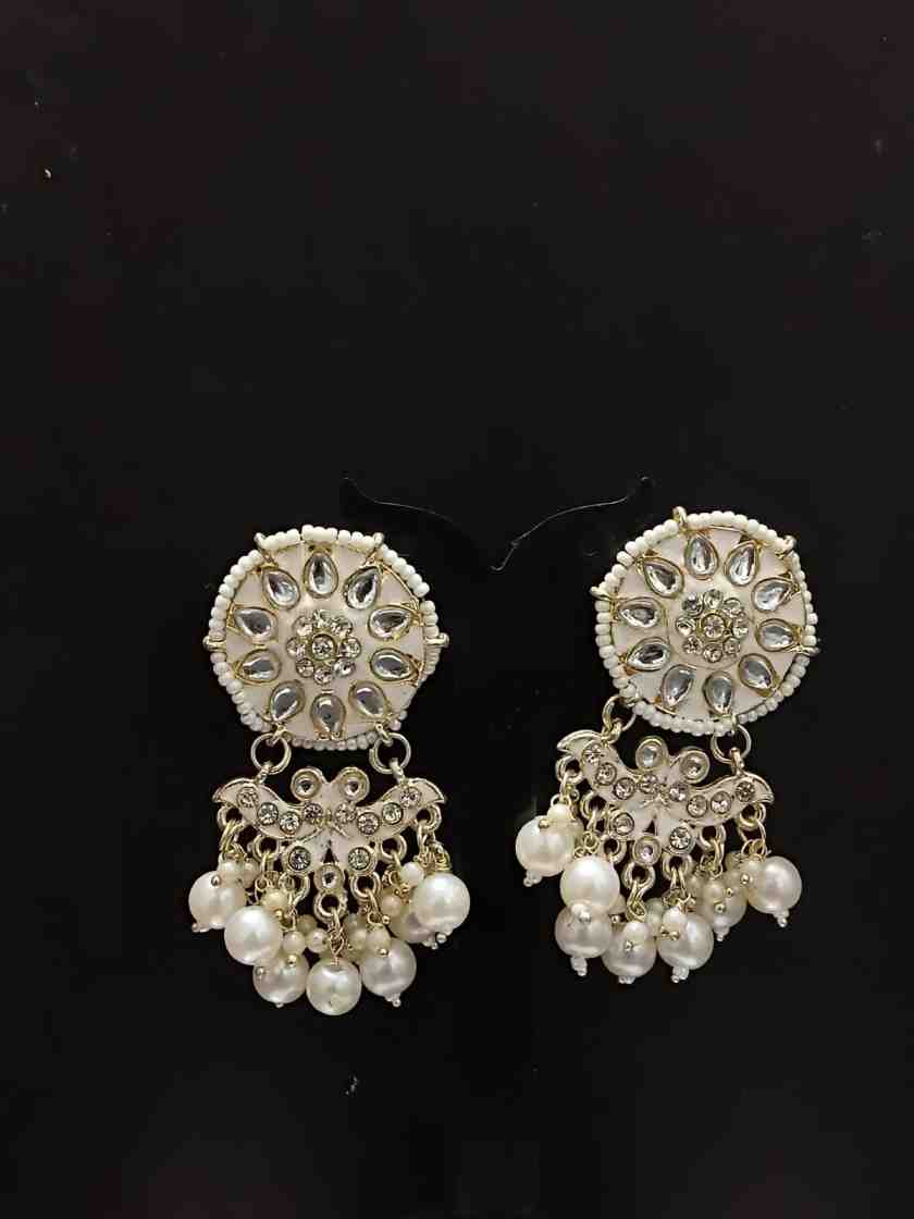 Gold Plated Kundan Pearl Round Drop Earrings