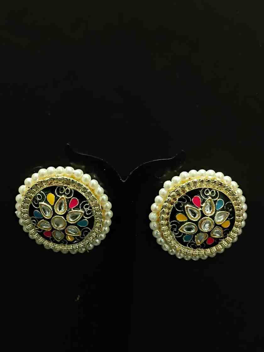 Gold Plated Meenakari Pearl Round Stud Earrings
