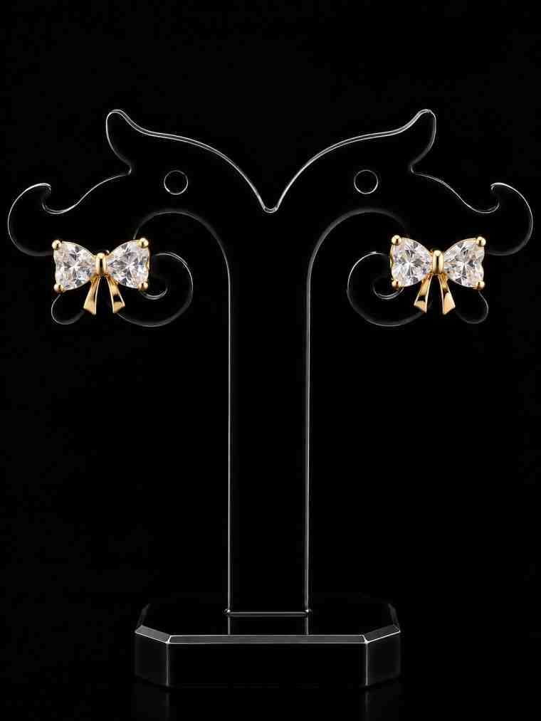 Gold Plated CZ Ribbon Bow Stud Earrings