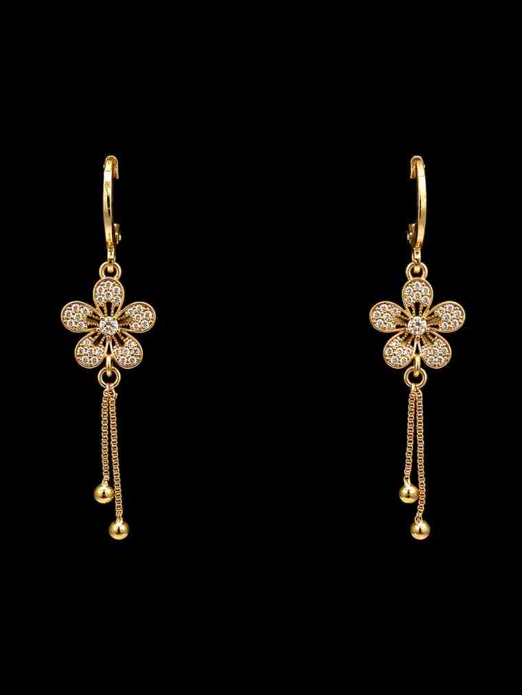 Gold Plated CZ Floral Chain Dangle Earrings